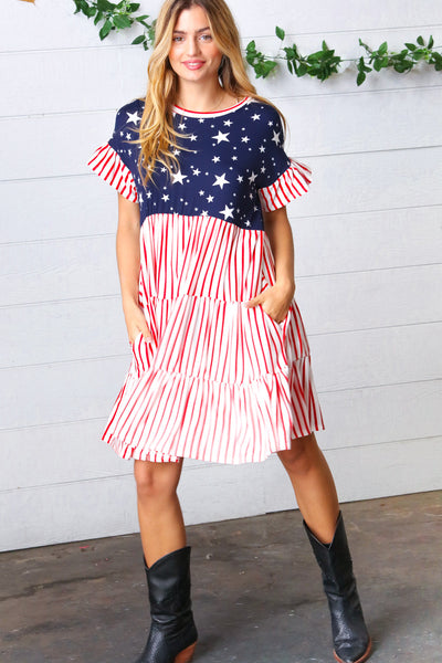 American Flag Yoke Tiered Color Block Swing Dress