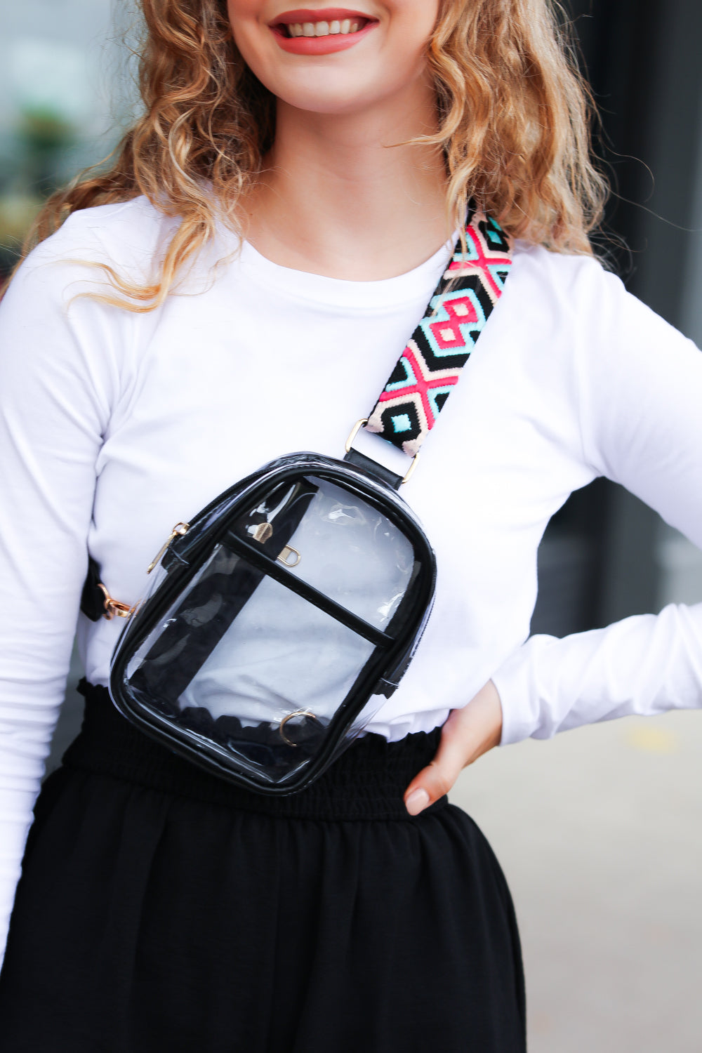 Black & Clear Cross Body Bag with Embroidered Strap