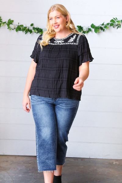 Black Embroidered Smocked Top