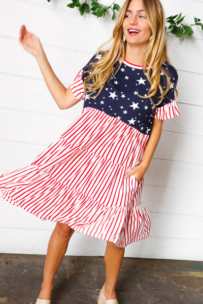 American Flag Yoke Tiered Color Block Swing Dress
