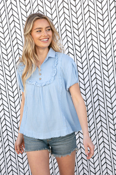 Baby Blue Cotton Linen Frayed Yoke Collared Top