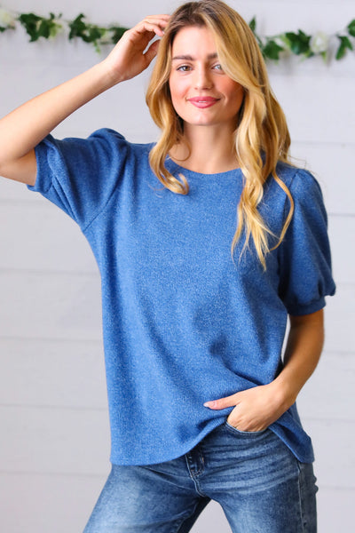 Azure Blue Puff Sleeve Two Tone Sweater Top