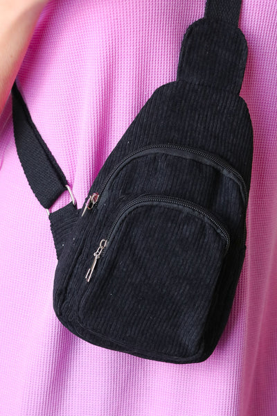 Black Corduroy Sling Crossbody Bag