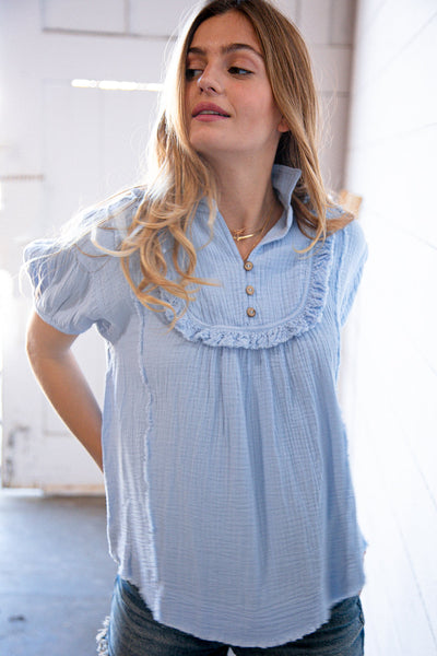 Baby Blue Cotton Linen Frayed Yoke Collared Top