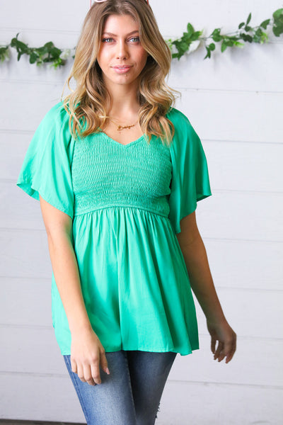 Solid Mint Smocked Woven Flutter Sleeve Top