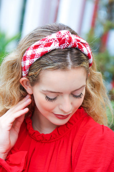 Red & White Plaid Knit Top Knot Headband