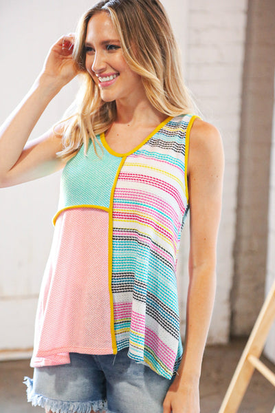 Multi Stripe Textured Color Block Piping Detail Top