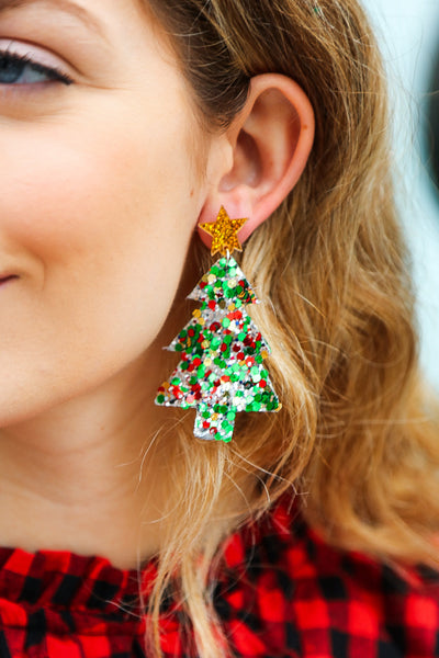 Multicolor Glitter Christmas Tree Dangle Earrings