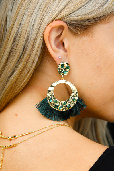 Emerald Boho Rhinestone Tassel Gold Drop Earrings