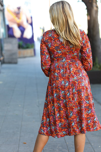Just For Me Rust Ditzy Floral Fit & Flare Midi Dress