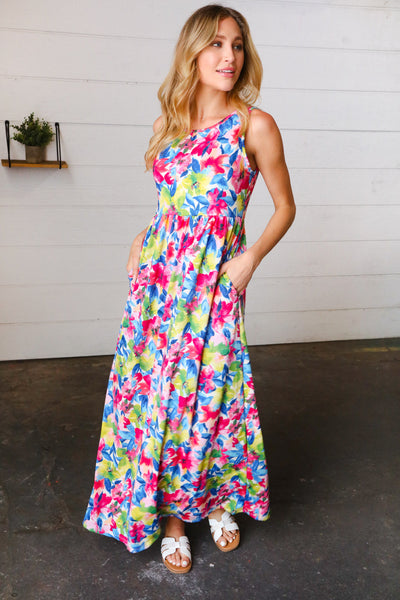 Watercolor Floral Fit and Flare Sleeveless Maxi Dress